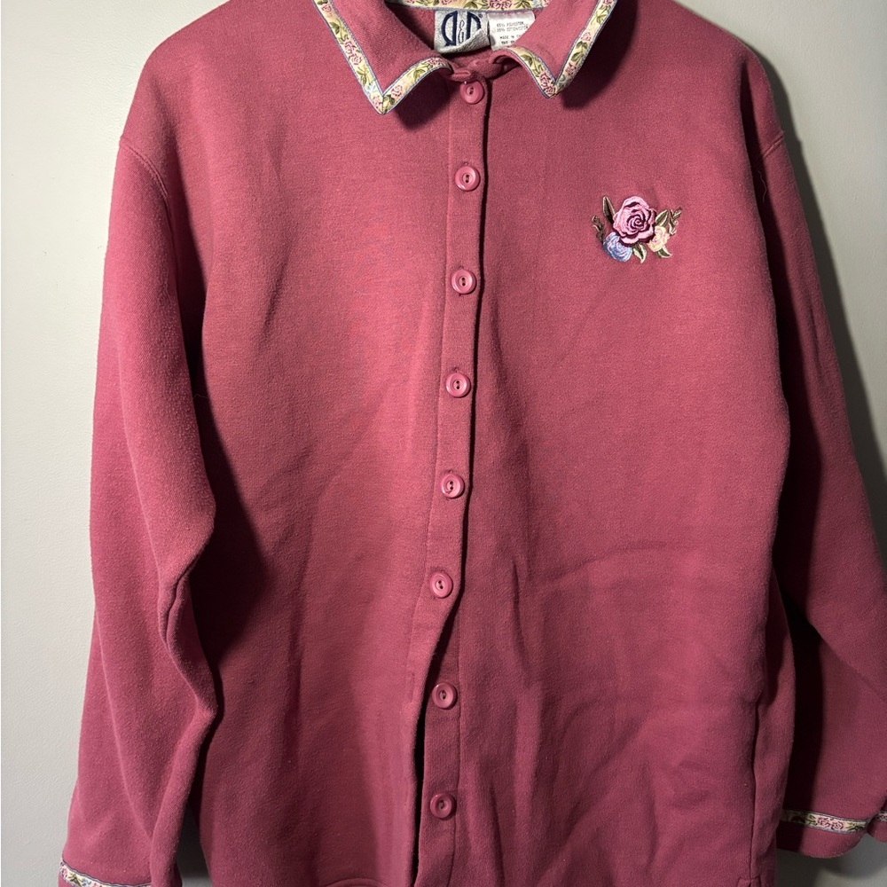 Vintage 90’s Cottagecore mauve fleece-button-up embroidered rose trim color